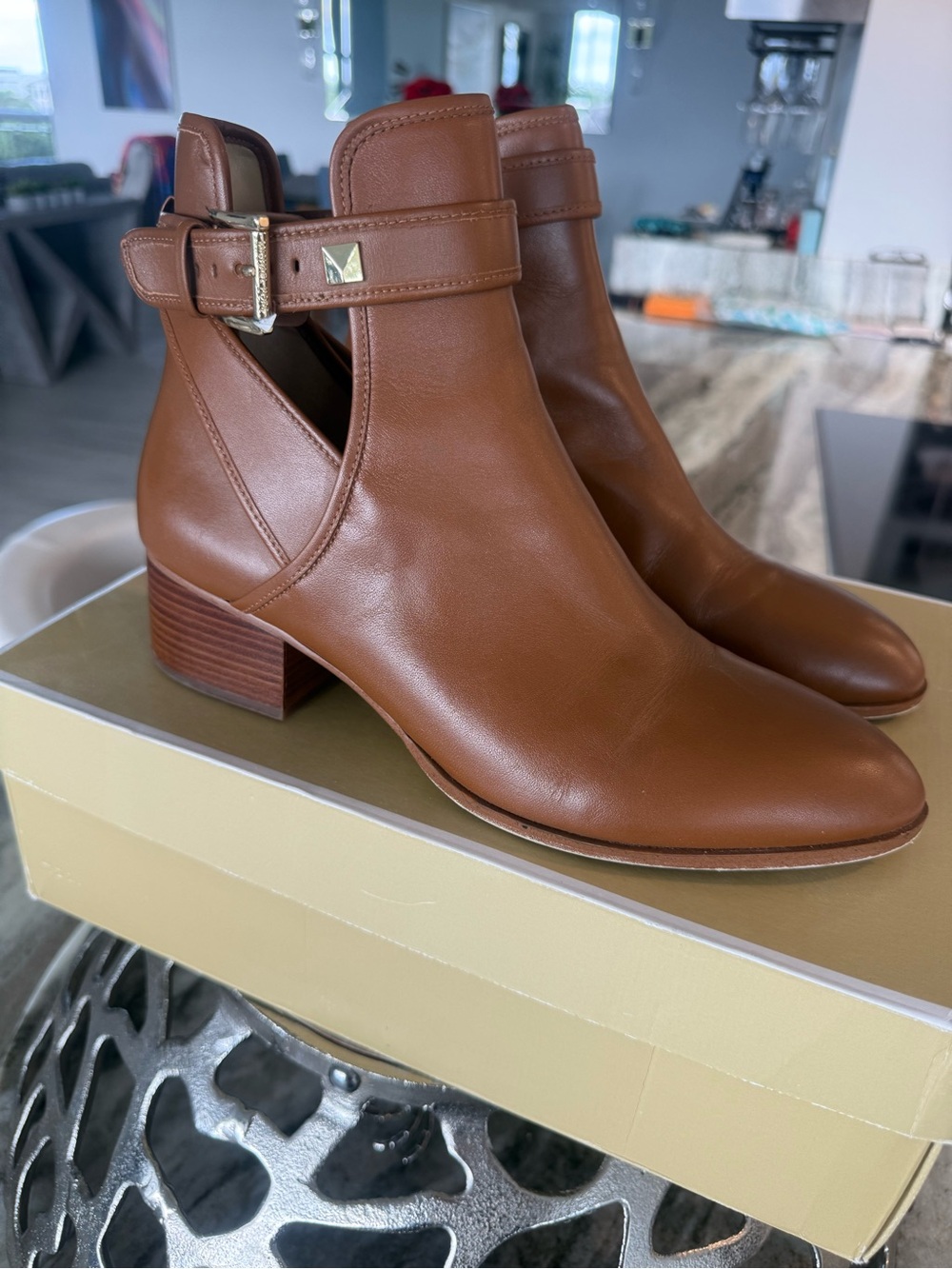 Michael Kors Luggage Leather Cutout Ankle Boots with Buckle